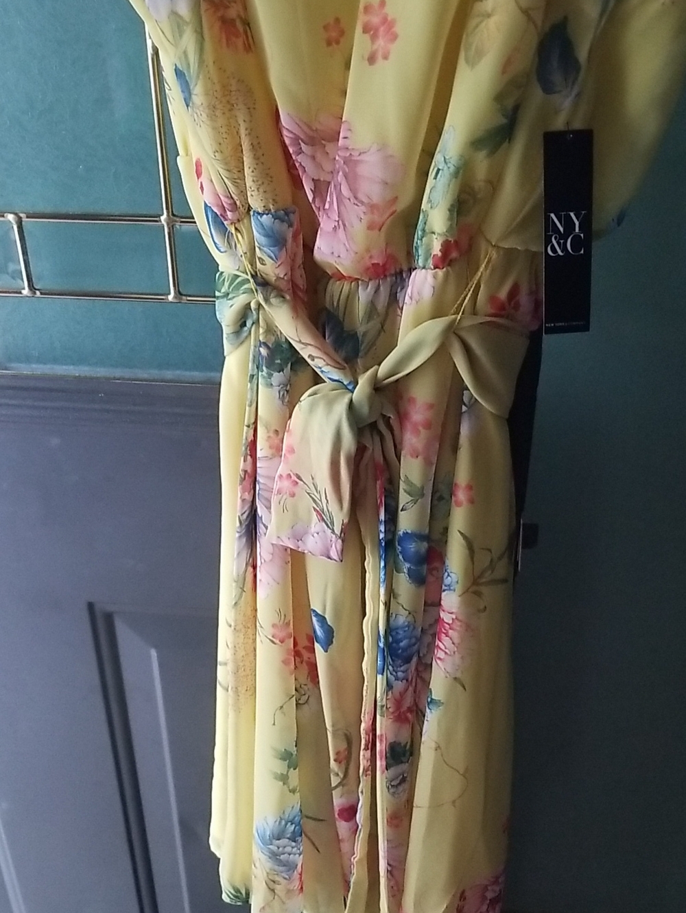 New York & Company Yellow Floral Dress with Tie Waist - Picture 4 of 9